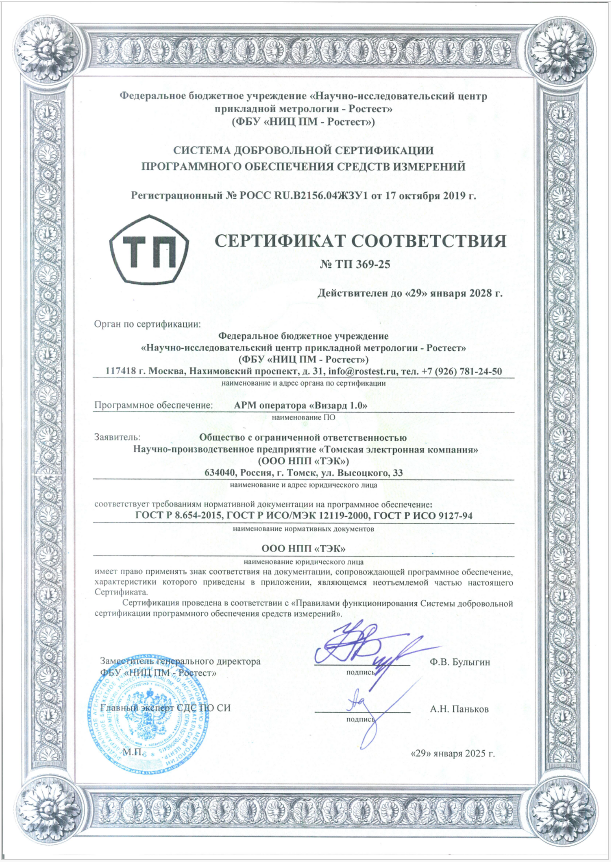 Сертификат и приложения ПО Визард